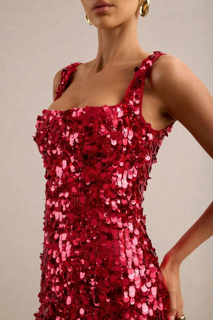 Red Sequin Bodycon Square Neck Zipper Back Mini Dress - Aabei Dress