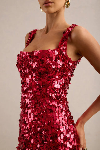Red Sequin Bodycon Square Neck Zipper Back Mini Dress - Aabei Dress