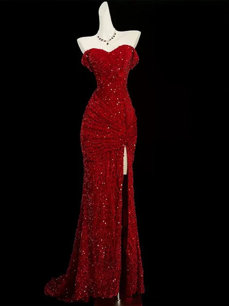 Red Sequin Mermaid Off-the-Shoulder Lace-up Floor-Length Dress Front View - Aabei Dress