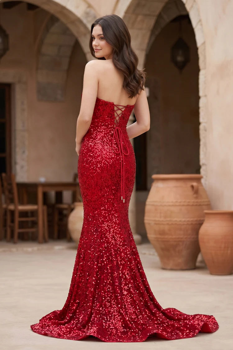 Red Sequin Mermaid Sweetheart Lace-Up Back Floor-Length Dress Back View - Aabei Dress