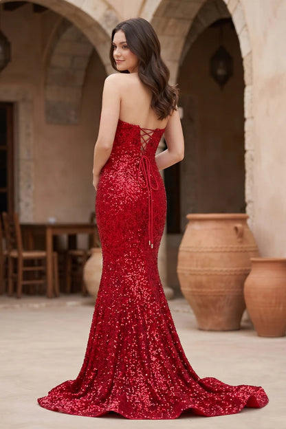 Red Sequin Mermaid Sweetheart Lace-Up Back Floor-Length Dress Back View - Aabei Dress
