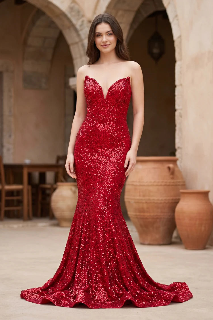 Red Sequin Mermaid Sweetheart Lace-Up Back Floor-Length Dress Front View - Aabei Dress