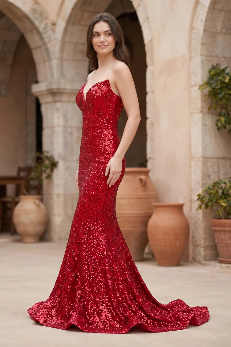 Red Sequin Mermaid Sweetheart Lace-Up Back Floor-Length Dress - Aabei Dress