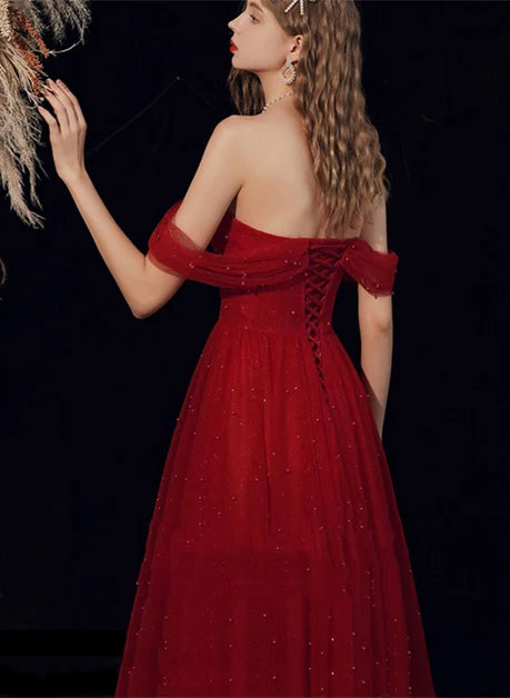 Red Tulle A-Line Off-the-Shoulder Lace-up Floor-Length Dress Back View - Aabei Dress