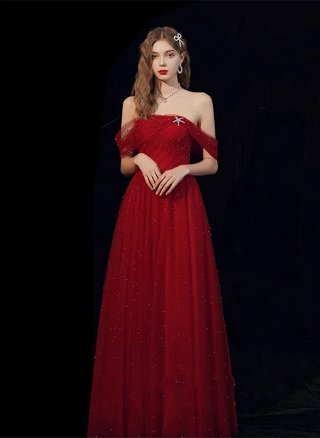 Red Tulle A-Line Off-the-Shoulder Lace-up Floor-Length Dress Front View - Aabei Dress