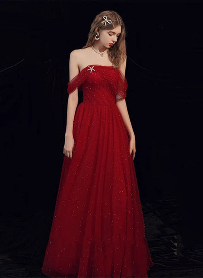 Red Tulle A-Line Off-the-Shoulder Lace-up Floor-Length Dress - Aabei Dress