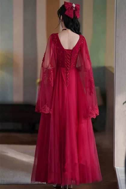 Red Tulle A-Line V-Neck Lace-up Floor-Length Dress Back View - Aabei Dress