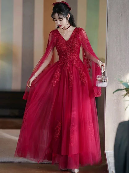 Red Tulle A-Line V-Neck Lace-up Floor-Length Dress Front View - Aabei Dress