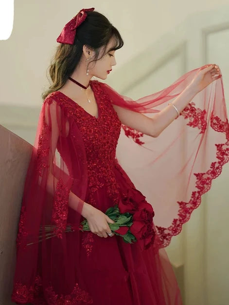 Red Tulle A-Line V-Neck Lace-up Floor-Length Dress - Aabei Dress