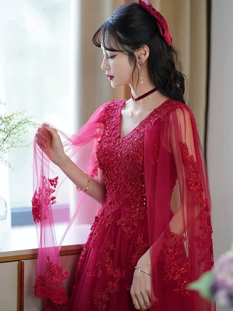 Red Tulle A-Line V-Neck Lace-up Floor-Length Dress - Aabei Dress