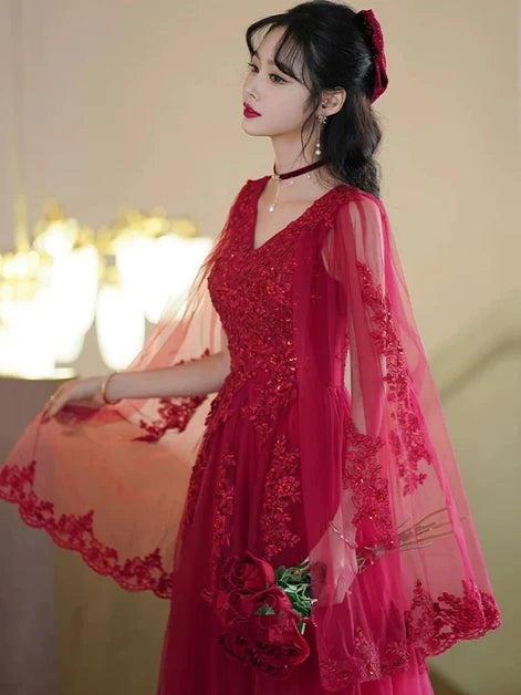 Red Tulle A-Line V-Neck Lace-up Floor-Length Dress - Aabei Dress