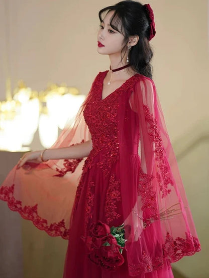 Red Tulle A-Line V-Neck Lace-up Floor-Length Dress - Aabei Dress