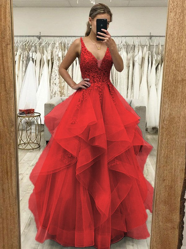Ball Gown A-Line Prom Dresses Princess Dress Formal Wedding Guest Floor Length Sleeveless V Neck Tulle Backless with Pleats Ruched Appliques
