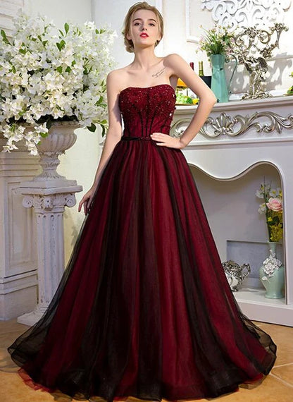 Burgundy Strapless Beaded Black Overlay Tulle Ball Gown