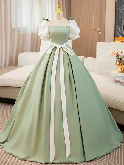 A-line Prom Dress Puff Sleeves Satin Color Blocking Long Lace up Fresh lovely Dress