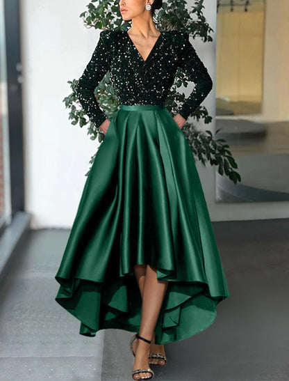 A-Line Cocktail Dresses Christmas Red Green Dress Formal Wedding Guest Tea Length Long Sleeve V Neck Sequined with Sequin Party Dresses