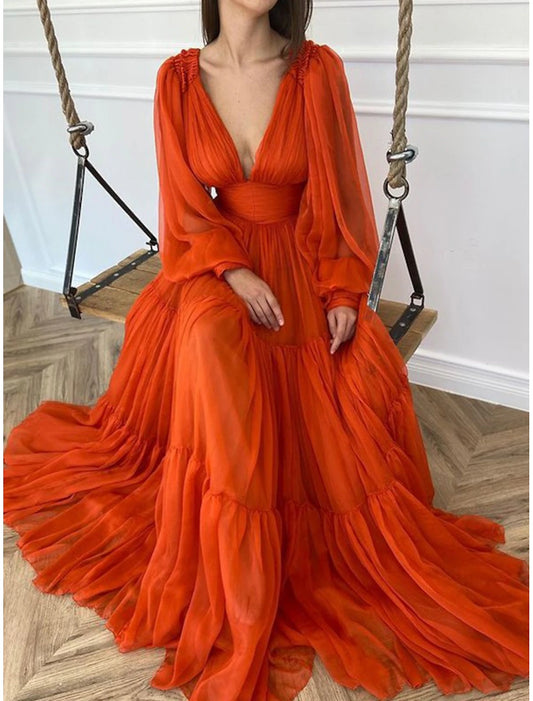 Wedding Guest Dress Formal Floor Length Long Sleeve V Neck Chiffon with Evening Dresses 