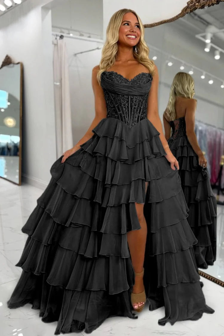 Black Strapless Sweetheart Prom Dress Lace Up Back Tiered Ruffle Formal Gown