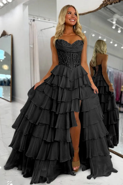 Black Strapless Sweetheart Prom Dress Lace Up Back Tiered Ruffle Formal Gown