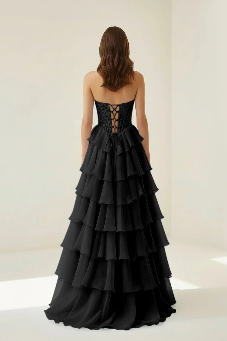Black Strapless Sweetheart Prom Dress Lace Up Back Tiered Ruffle Formal Gown