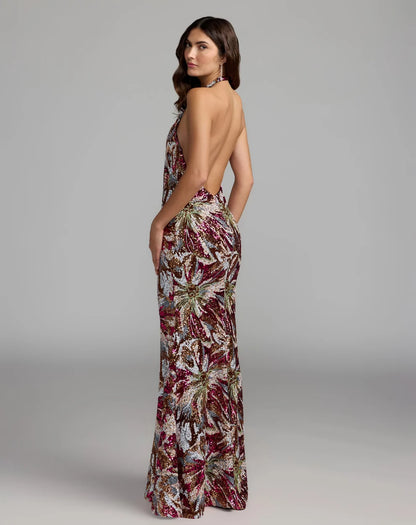 Rose Gold Multi Sequin Sheath Column Halter Open Back Floor-Length Dress Back View - Aabei Dress