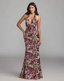 Rose Gold Multi Sequin Sheath Column Halter Open Back Floor-Length Dress Front View - Aabei Dress