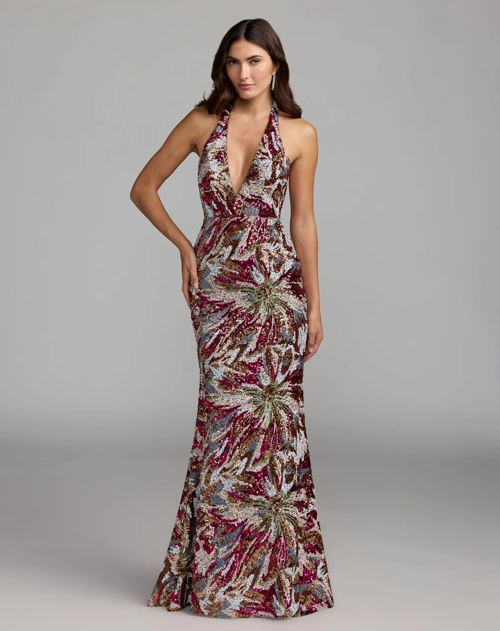 Rose Gold Multi Sequin Sheath Column Halter Open Back Floor-Length Dress Front View - Aabei Dress