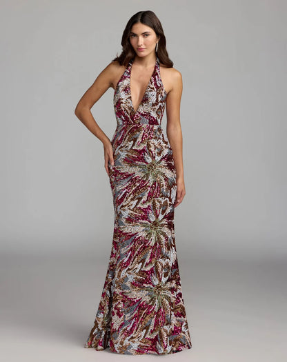 Rose Gold Multi Sequin Sheath Column Halter Open Back Floor-Length Dress Front View - Aabei Dress