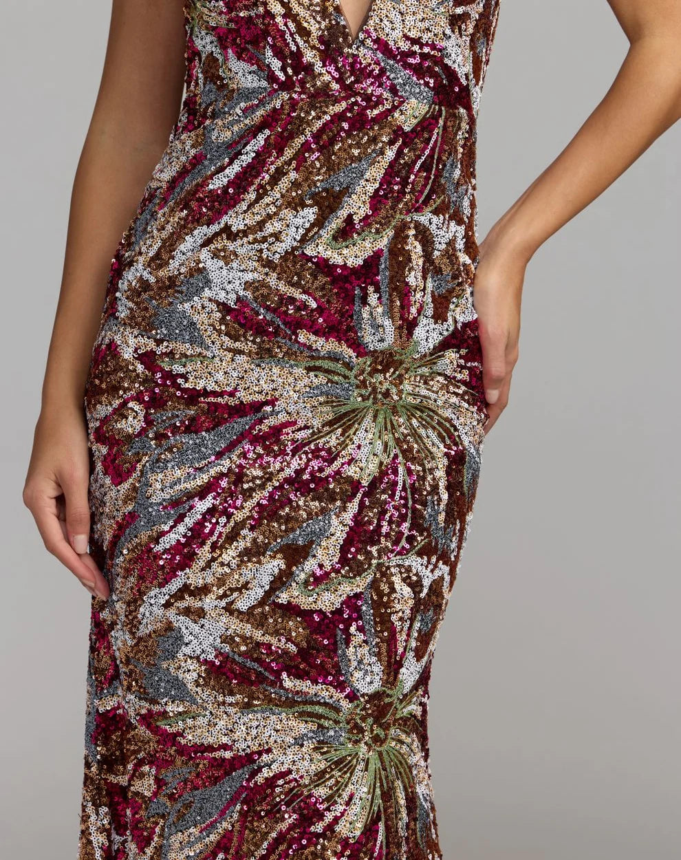 Rose Gold Multi Sequin Sheath Column Halter Open Back Floor-Length Dress - Aabei Dress