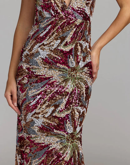 Rose Gold Multi Sequin Sheath Column Halter Open Back Floor-Length Dress - Aabei Dress