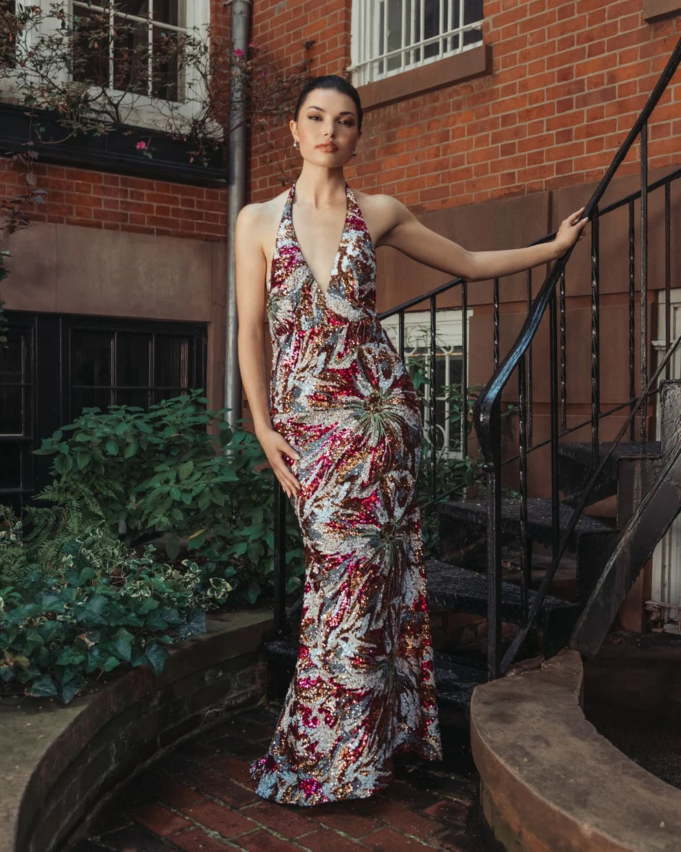 Rose Gold Multi Sequin Sheath Column Halter Open Back Floor-Length Dress - Aabei Dress