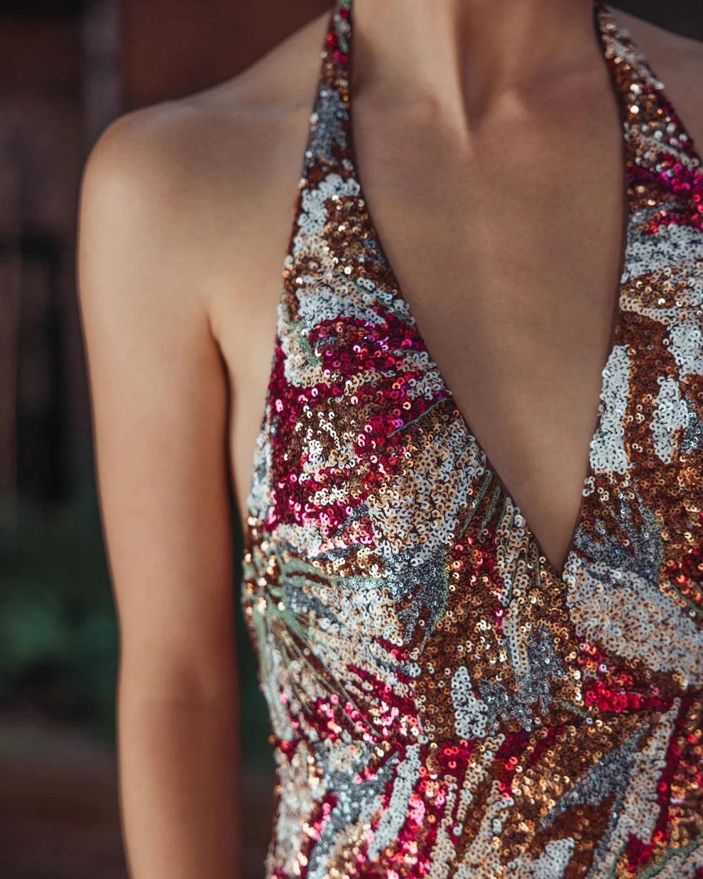 Rose Gold Multi Sequin Sheath Column Halter Open Back Floor-Length Dress - Aabei Dress