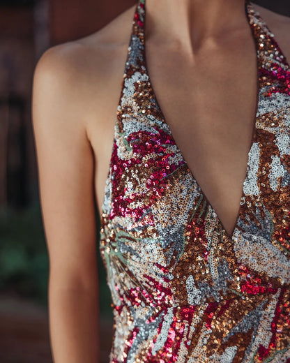 Rose Gold Multi Sequin Sheath Column Halter Open Back Floor-Length Dress - Aabei Dress