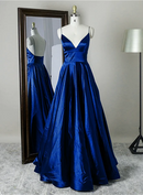 Royal Blue Satin a-line v-neck low-back floor-length Dress - Aabei Dress