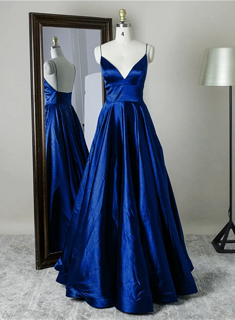 Royal Blue Satin a-line v-neck low-back floor-length Dress - Aabei Dress
