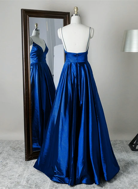 Royal Blue Satin a-line v-neck low-back floor-length Dress - Aabei Dress