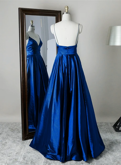 Royal Blue Satin a-line v-neck low-back floor-length Dress - Aabei Dress
