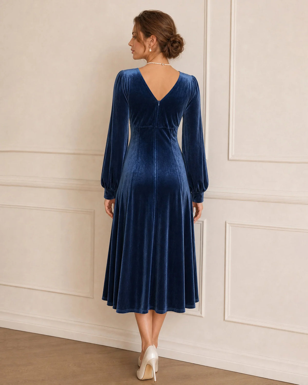 Royal Blue Velvet A-Line V-Neck V-Back Midi Dress Back View - Aabei Dress