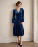 Royal Blue Velvet A-Line V-Neck V-Back Midi Dress Front View - Aabei Dress