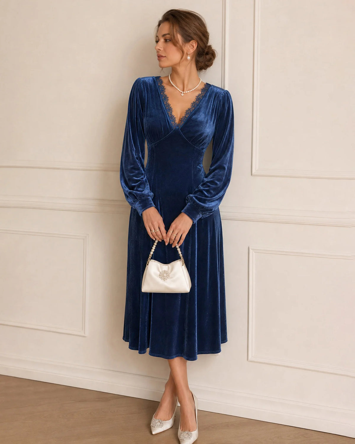 Royal Blue Velvet A-Line V-Neck V-Back Midi Dress - Aabei Dress
