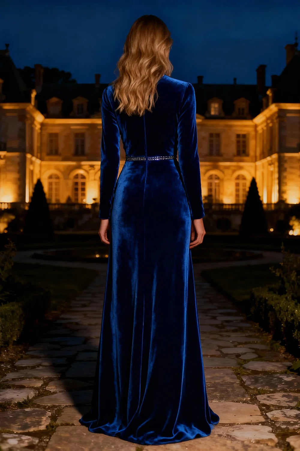Royal Blue Velvet Sheath Column High Neck High Back Floor Length Dress Back View - Aabei Dress