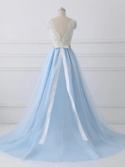 Light Blue Tulle A Line Prom Dress White Lace V Neck Bodice With Train