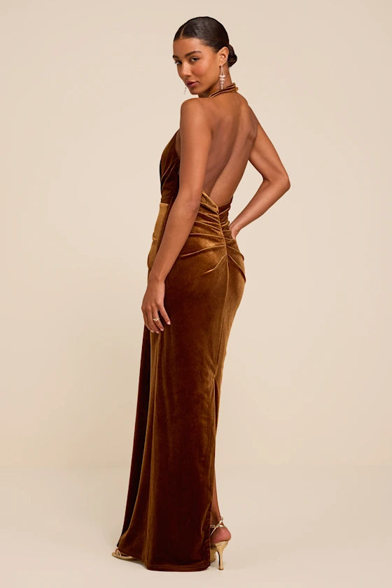 Rust Velvet sheath-column halter open-back floor-length Dress Back View - Aabei Dress