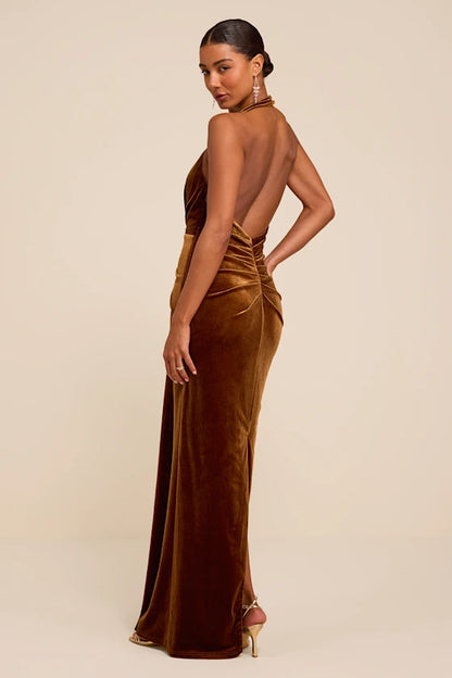 Rust Velvet sheath-column halter open-back floor-length Dress Back View - Aabei Dress