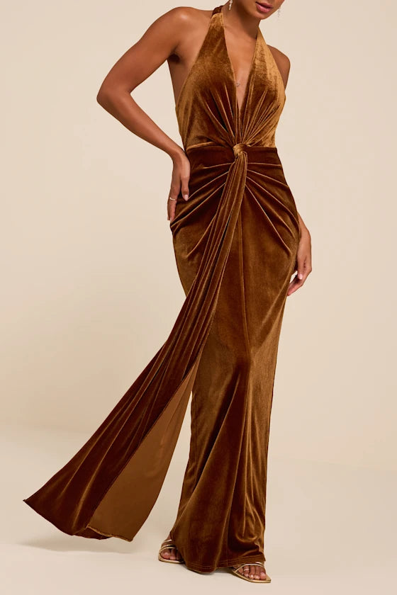 Rust Velvet sheath-column halter open-back floor-length Dress - Aabei Dress