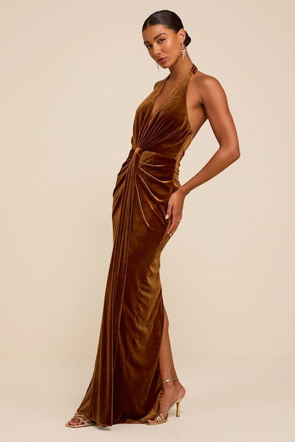 Rust Velvet sheath-column halter open-back floor-length Dress - Aabei Dress