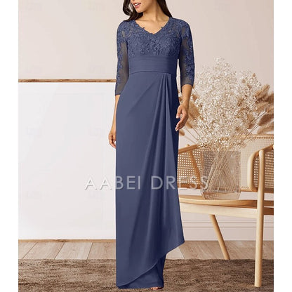 AABEI DRESS Wedding Guest Dress Elegant Sheath V Neck 3/4 Length Sleeve High Split Floor Length with Ruffles Appliques Ruching Mother of the Bride Dress