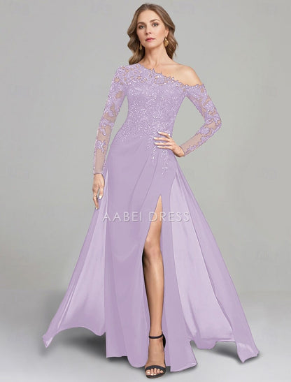 AABEI DRESS Wedding Guest Dress Elegant Sheath One Shoulder Floor Length Side Fork Chiffon Long Sleeve Lace Mother of the Bride Dress