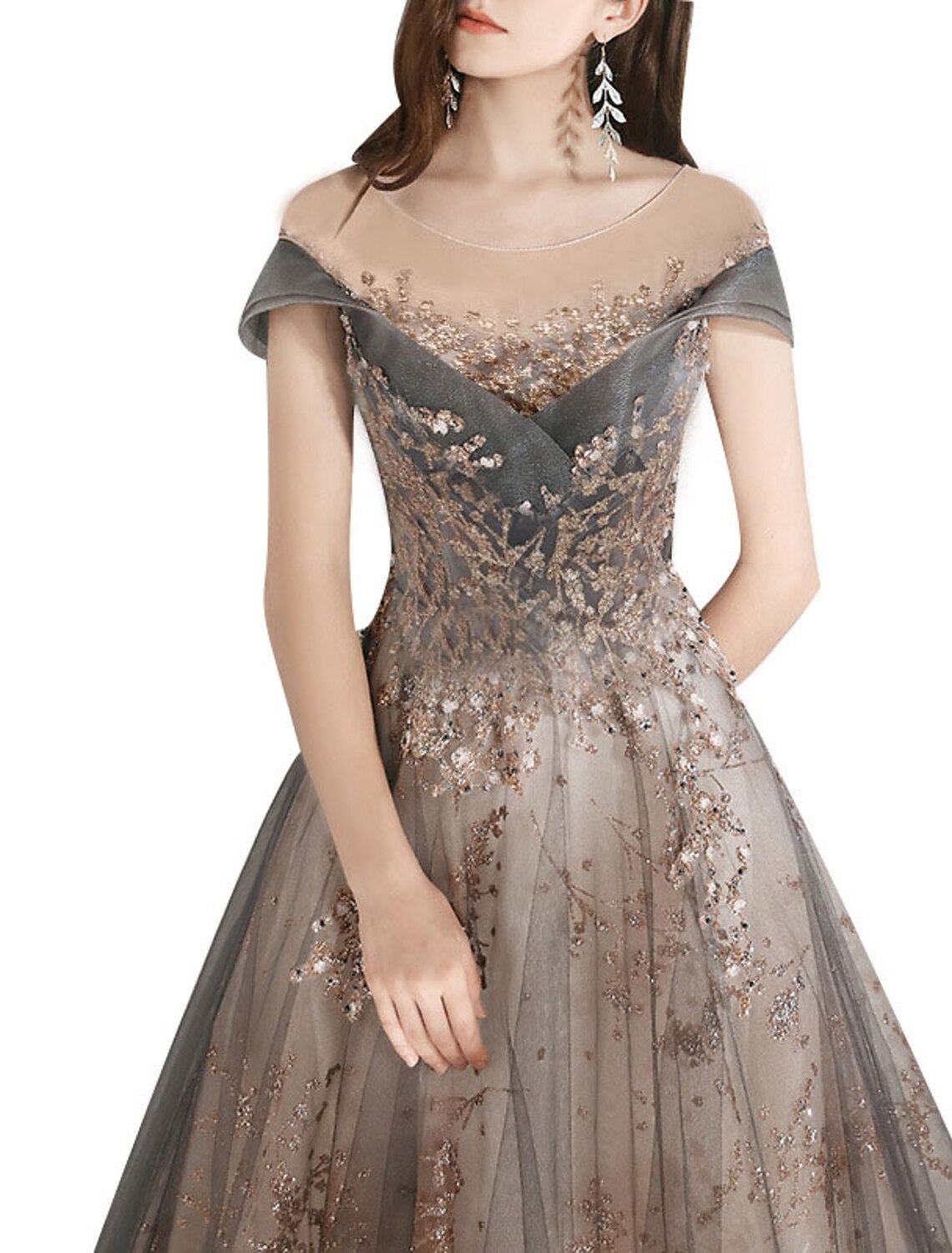A-Line Prom Dresses Jewel Neck Short Sleeve Beautiful Back Floor Length Tulle with Crystals / Bandage