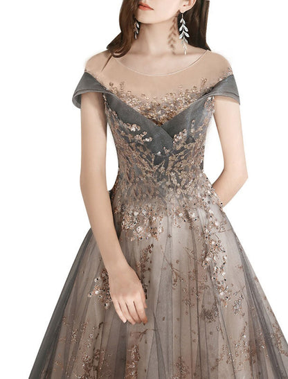 A-Line Prom Dresses Jewel Neck Short Sleeve Beautiful Back Floor Length Tulle with Crystals / Bandage